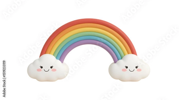 Fototapeta Cute Rainbow with Smiling Cloud Characters in 3D