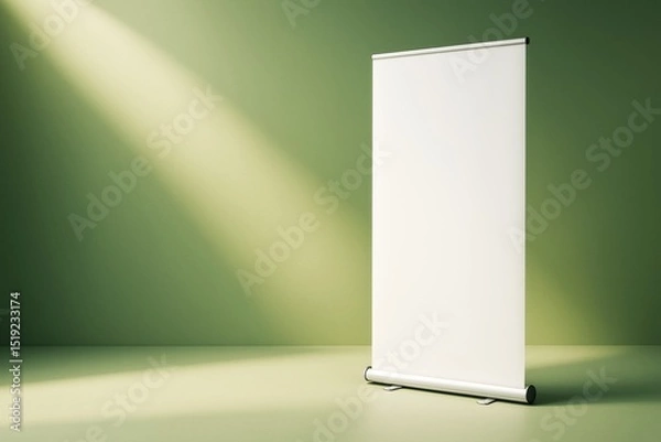 Fototapeta Blank roll-up banner standing on green background under dramatic lighting for promotion and advertising mockup template with empty copy space.