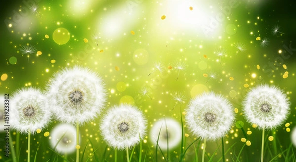 Fototapeta Vector of spring background with white dandelions.