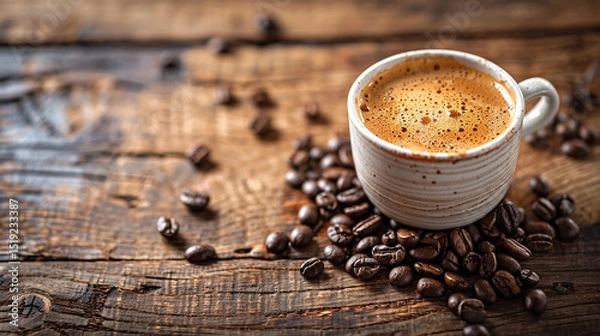 Fototapeta A steaming cup of coffee sits on a bed of roasted coffee beans on a rustic wooden surface. The image appears as an uploaded file in an Adobe Stock content creation dashboard.