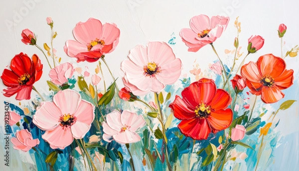 Fototapeta Oil painting of pink red flowers on white canvas. Palette knife technique. Hand drawn botanical art