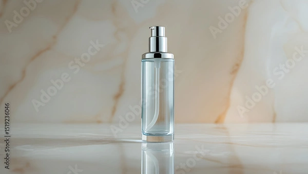 Fototapeta Elegant Transparent Pump Bottle with Metallic Cap on Subtle Marble Texture