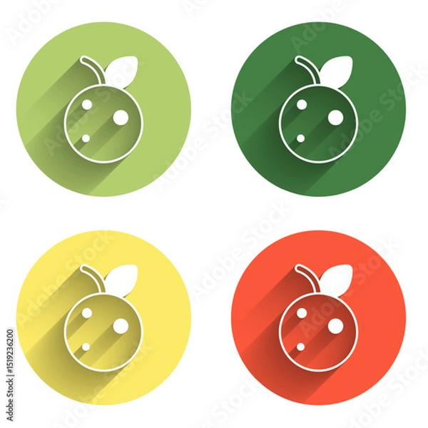 Fototapeta Set Peach fruit or nectarine with leaf icon isolated with long shadow background. Color circle button. Vector
