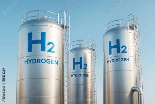 Fototapeta Hydrogen storage tanks infrastructure in clean energy industry concept with metallic cylinders under clear sky background in bright daylight.