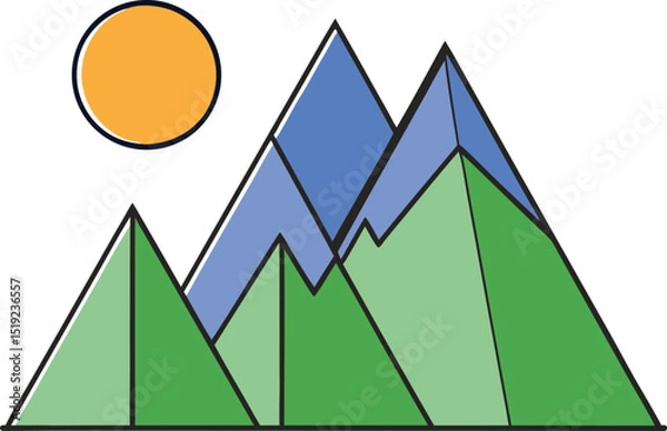 Fototapeta Minimalist cartoon mountains with green peaks and a bright sun in the sky. Simple geometric illustration perfect for nature, hiking, or travel themes. Ideal for digital or print projects.