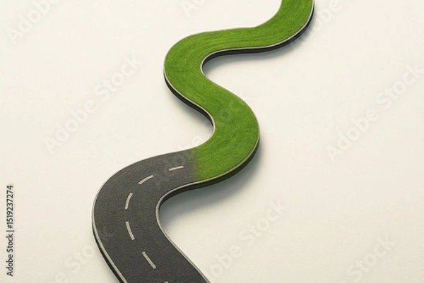 Fototapeta A winding asphalt road seamlessly transforms into a lush green grass path - Generative AI