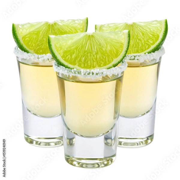 Fototapeta Three tequila shots with salted rims, each garnished with a fresh lime wedge.