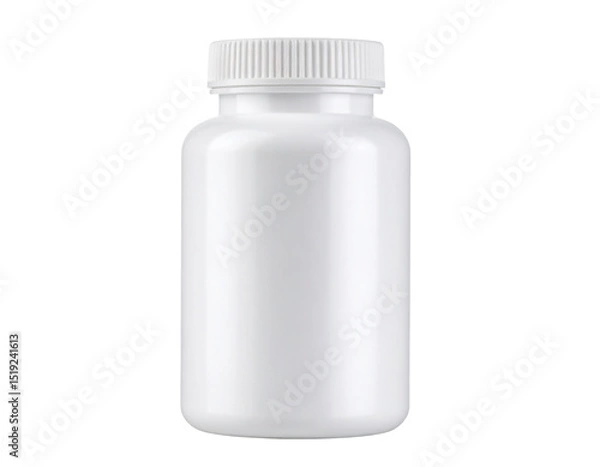 Fototapeta A white plastic bottle with a screw cap, typically used for storing pills, capsules, or supplements.