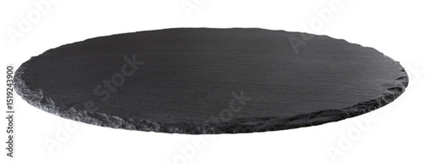 Fototapeta Dark gray round empty slate with selective focus  isolated on white or transparent background