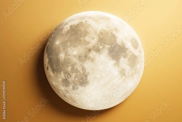 Fototapeta Hyper-realistic full moon illustration floating against warm yellow background, representing cosmic exploration and scientific concept of light.