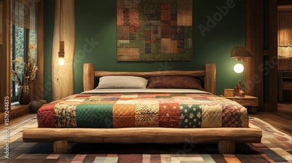 Fototapeta A rustic bed with a wooden frame and quilted patchwork blanket placed