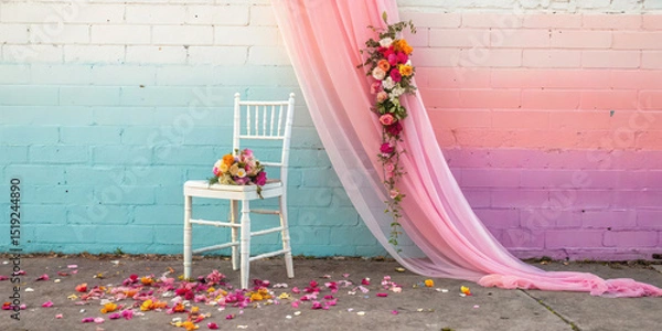 Obraz Wedding chair decor ideas with pink and orange flowers and backdrop for ceremony and reception design