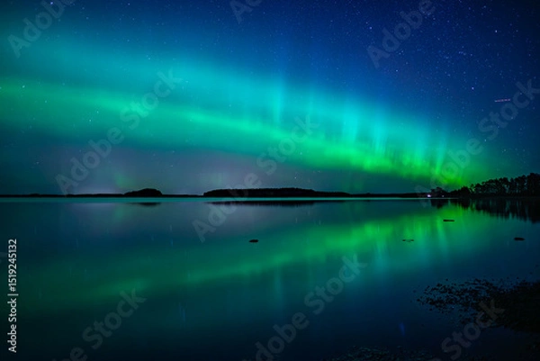Obraz Northern lights dancing over calm lake in north of Sweden.