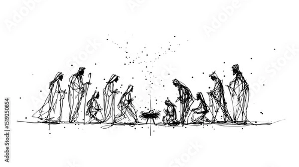 Fototapeta A simple elegant nativity scene depicted in a minimalist silhouette line art style with figures of the holy family and other characters rendered in delicate divine light against a white background
