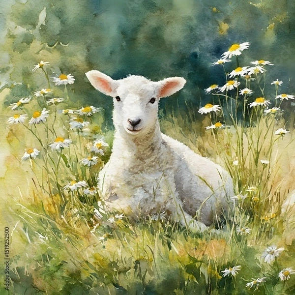 Fototapeta A charming and serene watercolor painting depicting a fluffy white lamb sitting calmly in a lush meadow filled with vibrant daisies