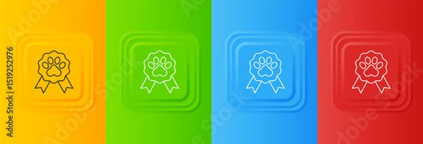 Fototapeta White Pet award symbol icon isolated on colorful background. Badge with dog or cat paw print and ribbons. Medal for animal. Set icons in square buttons. Vector