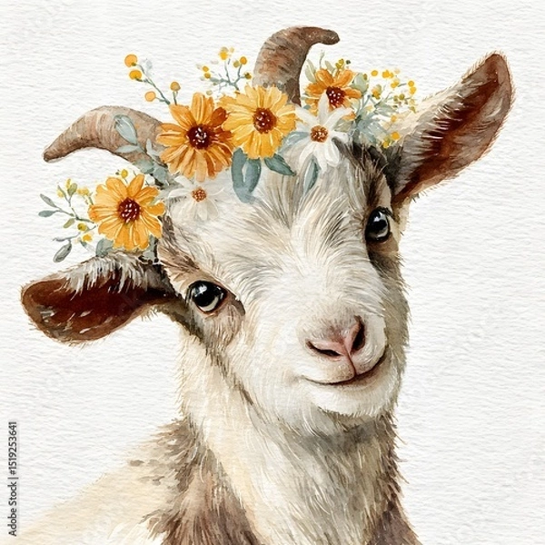 Fototapeta A charming watercolor portrait of a young goat with tiny horns adorned with a vibrant floral crown that enhances its natural beauty and endearing spirit