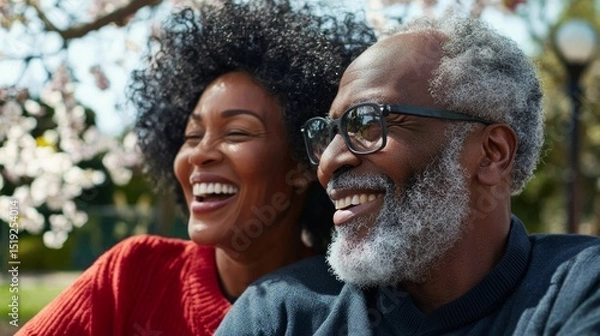 Fototapeta "Two people smiling near a tree in springtime."
