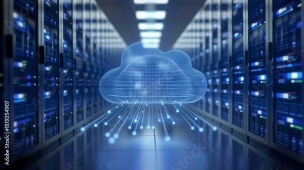 Fototapeta Virtual cloud representation in a digital storage environment showcasing data transfer and connectivity