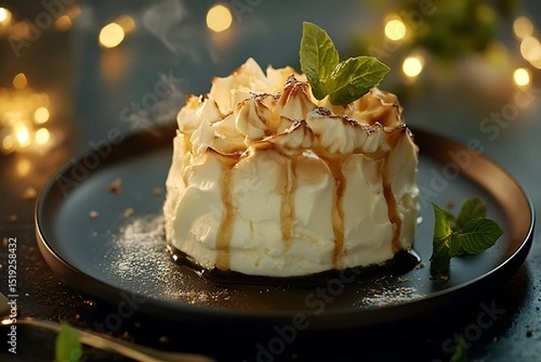 Fototapeta Stylish baked Alaska with caramelized top, served on a luxurious dark plate with ambient light highlighting the texture 