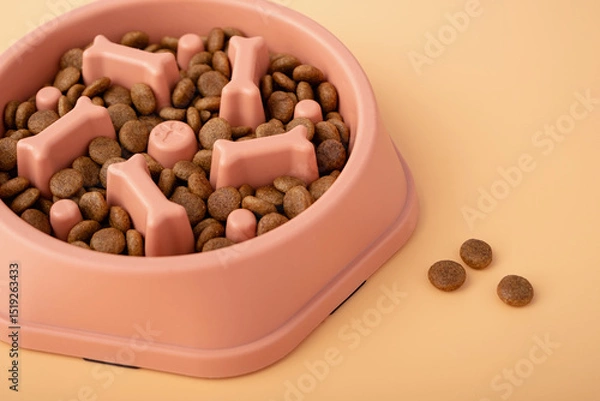 Fototapeta Cat and dog orange slow Feeding Bowl on orange background