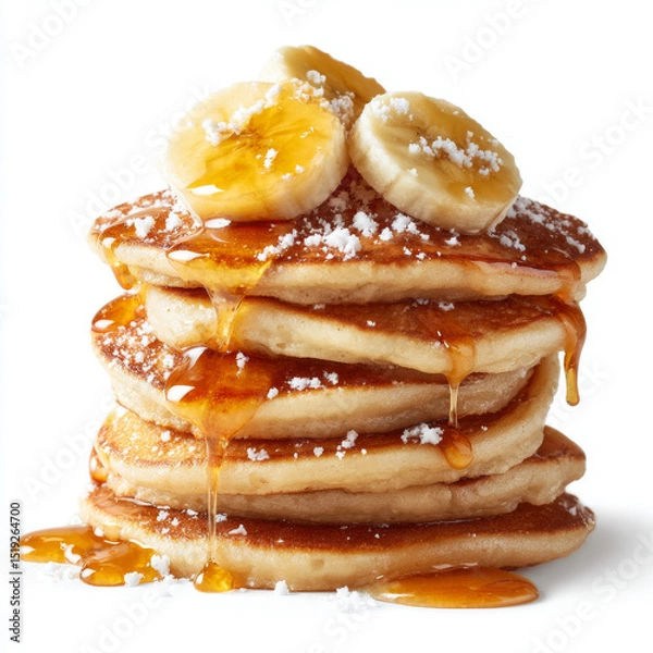 Fototapeta Golden pancakes stack with banana slices, powdered sugar, and syrup dripping, creating delicious breakfast treat