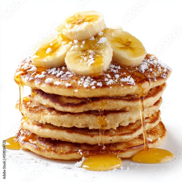 Fototapeta Banana slices on stack of golden pancakes with powdered sugar and syrup dripping, creating delicious breakfast treat