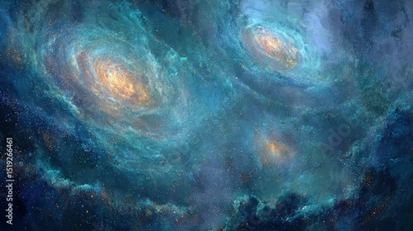 Obraz Artistic depiction of a teal and blue nebula with swirling galaxies and bright yellow centers