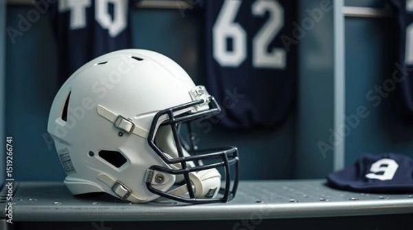 Fototapeta White football helmet on metal bench close-up in locker room setting

