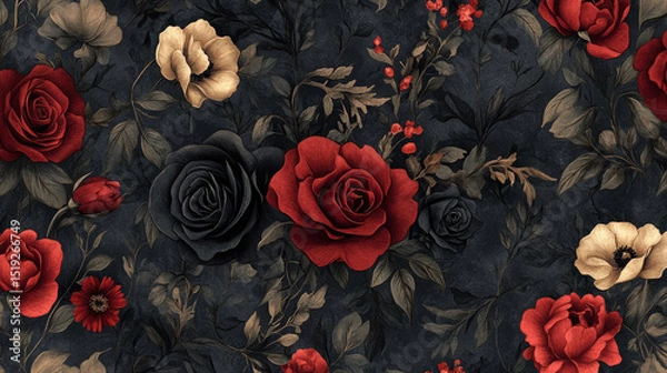 Obraz Gothic Floral Pattern. Dark floral pattern featuring red and black roses with a gothic touch, creating a moody yet elegant design.
