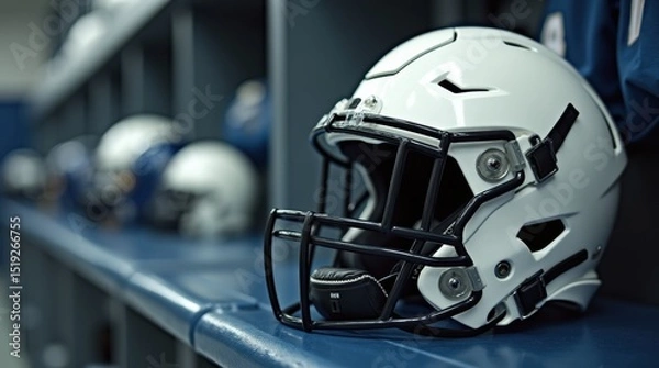 Fototapeta White football helmet on metal bench close-up in locker room setting

