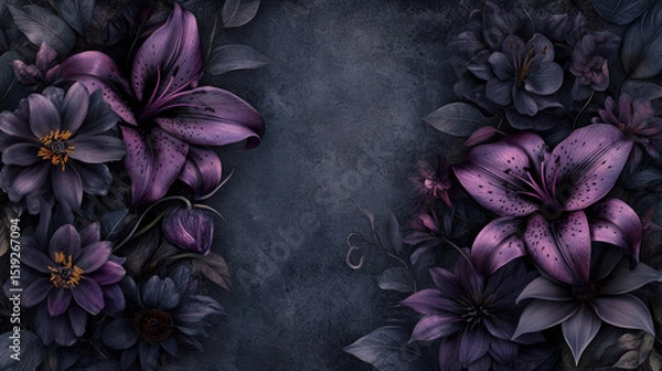 Obraz Gothic Floral Pattern with Lilies. A gothic-inspired floral pattern features vibrant purple flowers against a dark, textured background, creating a captivating and elegant design.