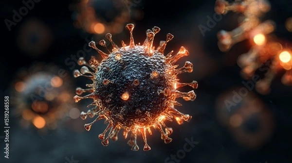 Fototapeta A microscopic view of a virus cell with spikes and glowing edges on a dark blurred background