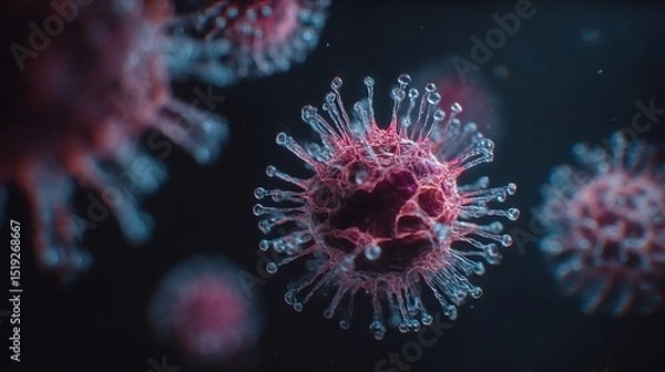 Fototapeta Close up view of multiple pink and blue virus cells with spikes against a dark background