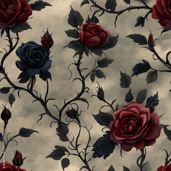 Obraz Gothic Floral Rose  Seamless Pattern. A gothic floral pattern featuring red and dark blue roses with dark thorns and leaves.