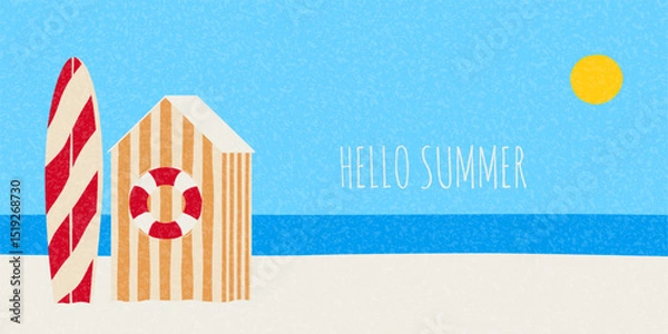 Obraz Trendy abstract summer banner. Vector background with beach cabin and lifebuoy, surfboard on seashore. Concept cover for party, holiday, event, card, invitation, banner, ads, branding.