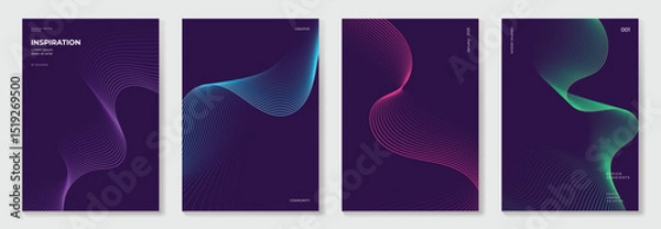 Obraz Abstract line wave gradient poster background vector set. Minimalist cover template with vibrant perspective line wave in motion. Ideal design for social media, cover, banner, flyer, music, ads.