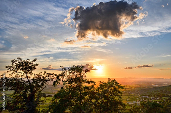 Obraz Sunset views with orange sky, from the town of Cortona, Arezzo, Tuscany