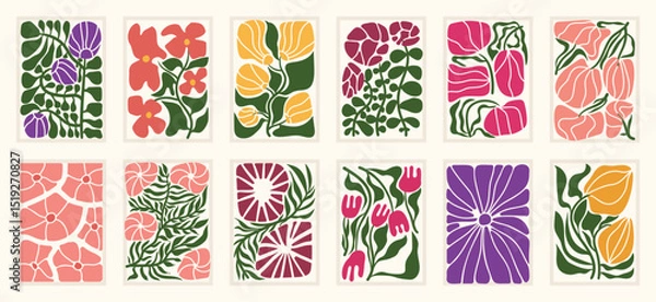 Fototapeta Botanical doodle background art vector set. Flower and leaves abstract shape doodle art design for print, wallpaper, clipart, wall art for home decoration.