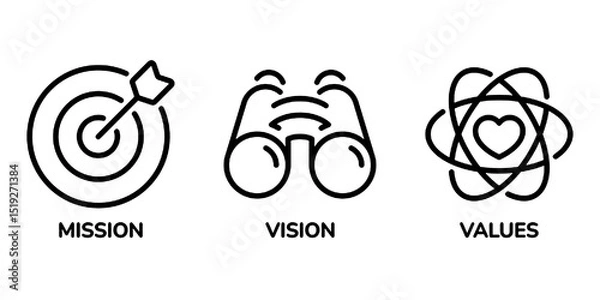 Obraz Vision, mission and values editable stroke outline icons set isolated on white background flat vector illustration.