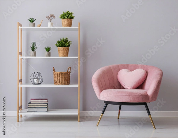 Obraz Stylish pink armchair with heart-shaped pillow in bright minimalist interior with wooden floor for modern home decor and cozy living space design