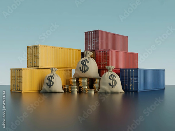 Fototapeta Economic Shipping, A visual representation of global trade, featuring a stack of brightly colored shipping containers and overflowing money bags.