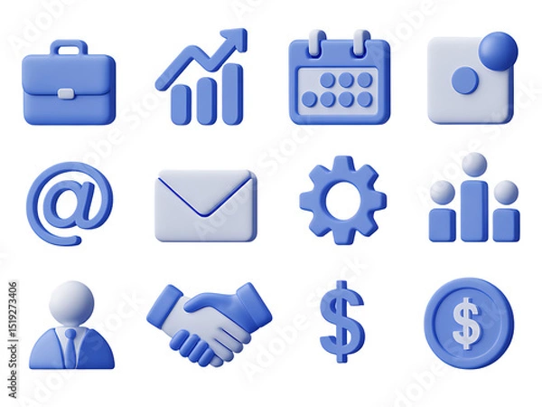Fototapeta Business Icons Set, A collection of 3D rendered business icons in shades of blue, representing various aspects of commerce and finance.