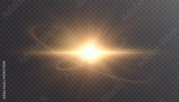 Obraz Golden energy explosion with glowing core and swirling light trails on transparent background. Abstract vector light effect.