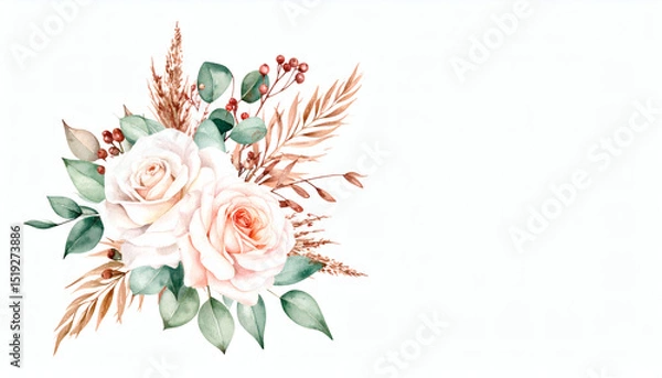 Obraz Watercolor white rose with green eucalyptus and brown dried grass floral arrangement for wedding and romantic design elements