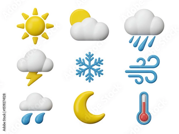 Fototapeta Weather 3D plastic icons, collection of weather icons, sun, cloud, rain, snow, lightning, and wind, clean and 3D modern design.