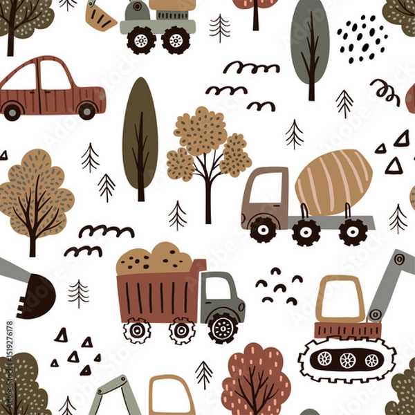 Obraz Seamless vector pattern with whimsical hand-drawn cars in soft neutral tones. Perfect for baby clothes, nursery decor, textiles, packaging, and kids’ projects. Includes EPS file.