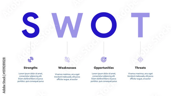 Fototapeta Four colorful elements with text inside placed around circle. Concept of SWOT-analysis template or strategic planning technique. Infographic design template. Vector illustration