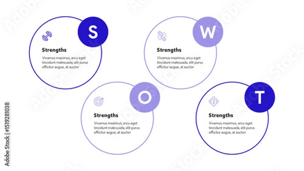 Fototapeta Four colorful elements with text inside placed around circle. Concept of SWOT-analysis template or strategic planning technique. Infographic design template. Vector illustration
