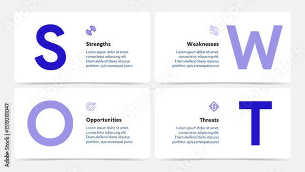 Fototapeta Four colorful elements with text inside placed around circle. Concept of SWOT-analysis template or strategic planning technique. Infographic design template. Vector illustration